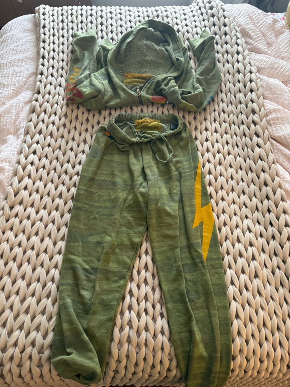 Aviator Nation Kids Green Hoodie & Sweatpants Set with Yellow Lightning